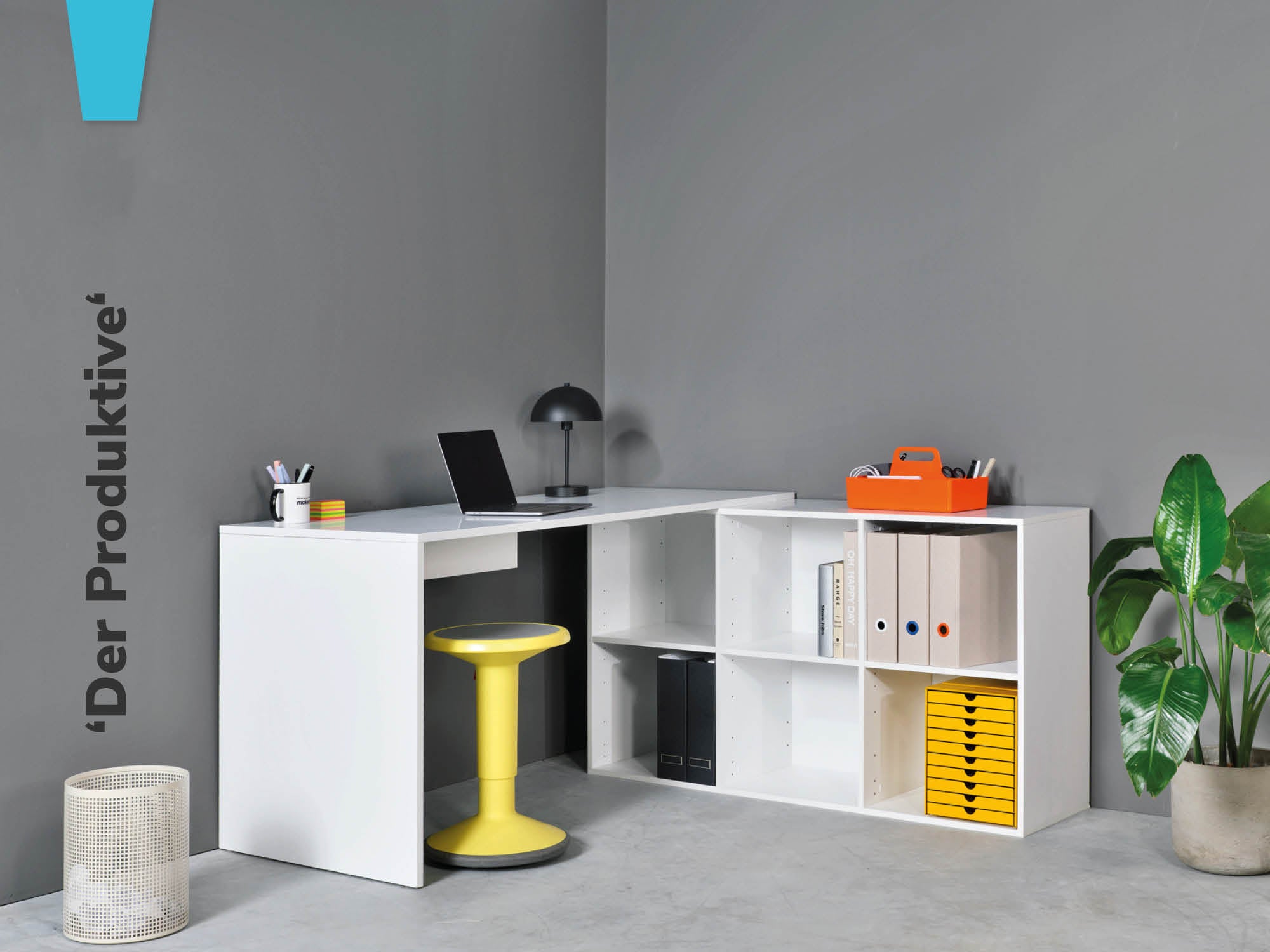 Schreibtisch mit Aktenregal, der flexibel aufgestellt werden kann