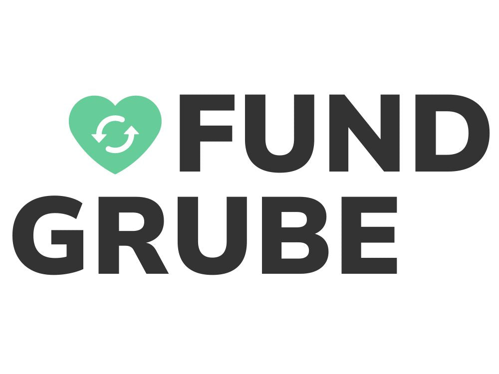 weißer Hintergrund mit schwarzer Schrift 'Fundgrube' und grünem Herz mit weißen Recycling Symbol