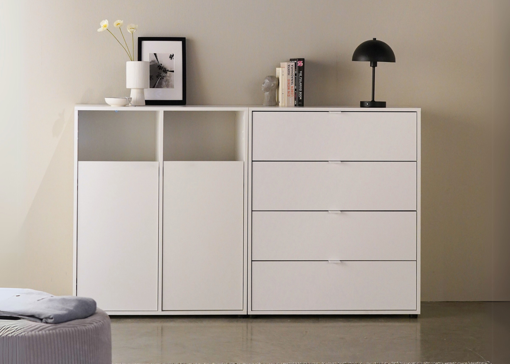 Wäscheschrank zwei Türen weiß + Kommode 4 Schubladen weiß